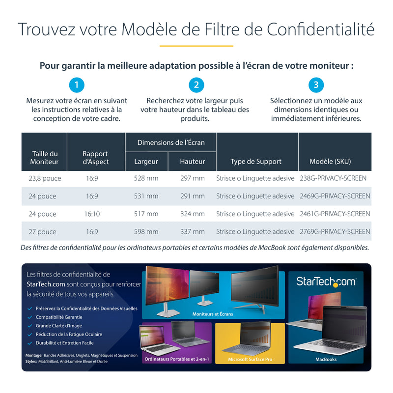 StarTech.com Filtre de Confidentialité pour Écran 23,8 pouces 16:9, Écran de Confidentialité Réversible Or, Filtre Anti Reflet pour Ordinateur Amélioré, Bouclier de Sécurité, +/- 30 Degrés