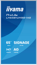 iiyama LH6581UHSG-1AG Digital Signage Display, 64,5" (163,8 cm) plat paneel, Wi-Fi, 500 cd/m², 4K Ultra HD, wit, ingebouwde Android-processor, 24/7