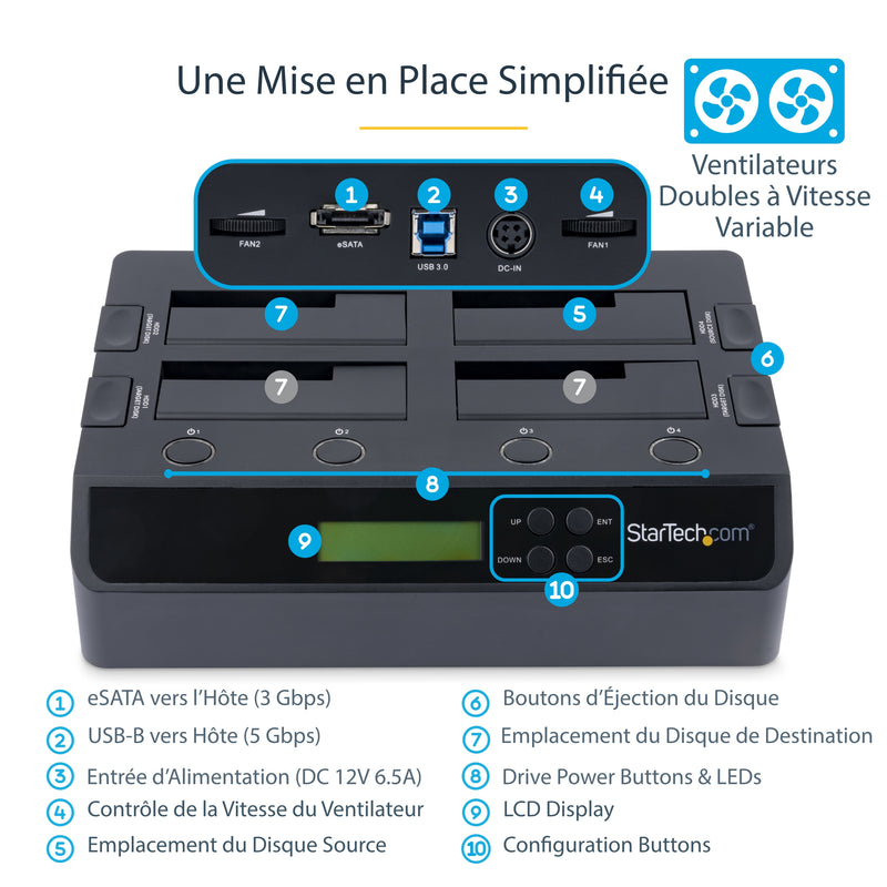 StarTech.com Duplicateur et Effaceur de Disques Durs à 4 baies, Cloneur/Copieur Autonome de HDD/SSD 1:3 SATA, Station d'Accueil USB 3.0 - eSATA vers SATA, Duplicateur de Disques Durs, Conception Sans Outillage
