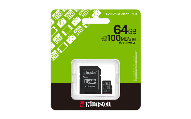 Kingston Technology 64GB microSDXC Canvas Select Plus Gen3 100MB/s A1 (Adaptateur SD inclus)