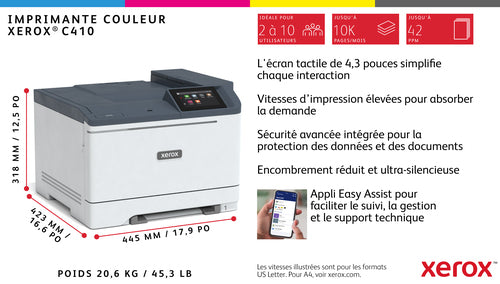 Xerox Imprimante recto verso A4 40 ppm C410, PS3 PCL5e/6, 2 magasins 251 feuilles