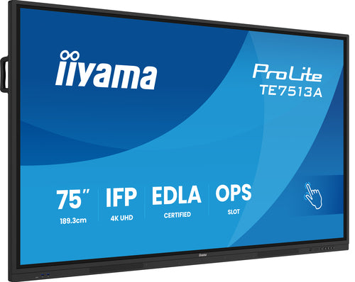 iiyama TE7513A-B1AG Dynamisch display Interactief flatpanel 190,5 cm (75") Wifi 500 cd/m² 4K Ultra HD Zwart Touchscreen Geïntegreerd Processor Android 18/7