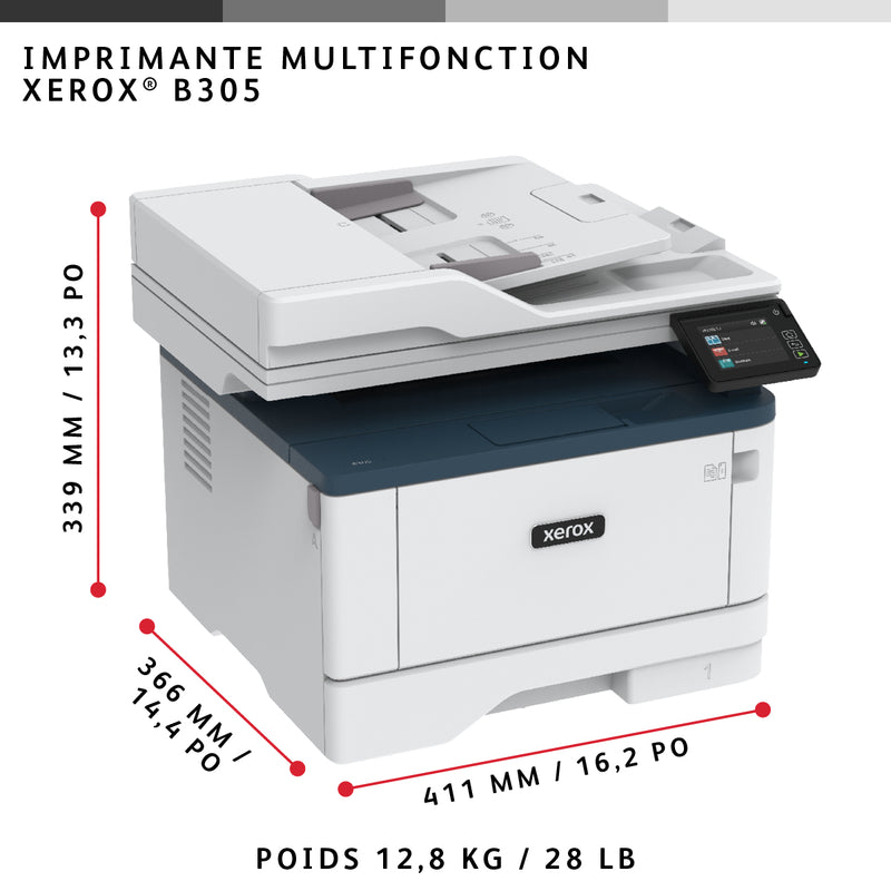 Xerox B305 copie/impression/numérisation recto verso sans fil A4, 38 ppm, PS3 PCL5e/6, 2 magasins, 350 feuilles
