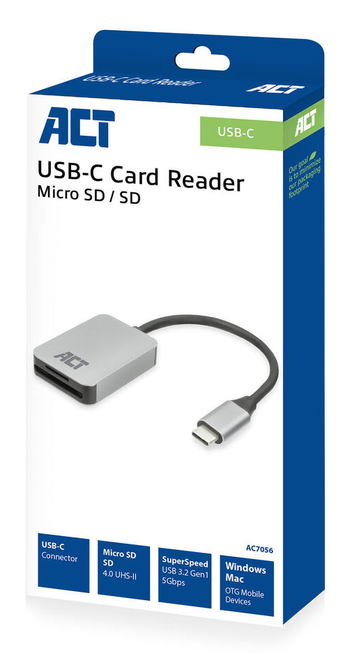 ACT USB-C kaartlezer voor SD en micro SD, SD 4.0 UHS-II