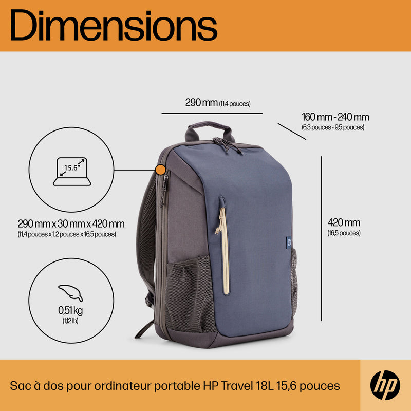 HP Sac à dos pour ordinateur portable 15,6 pouces Travel 18 litres (bleu nuit)