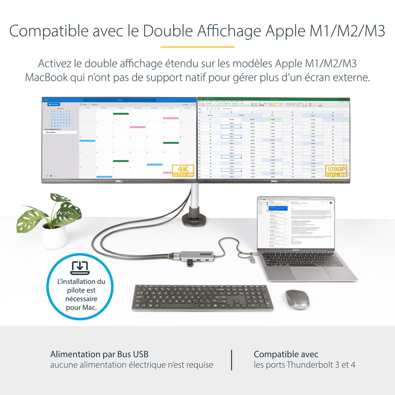 StarTech.com Adaptateur Multiport USB-C avec Dongle USB-C vers USB-A, Double HDMI (4K30Hz/1080p60Hz), 3x USB-A 5Gbps, Mini Station d'Accueil de Voyage, Dock/Station d'Accueil pour PC Portable, Câble de 40 cm