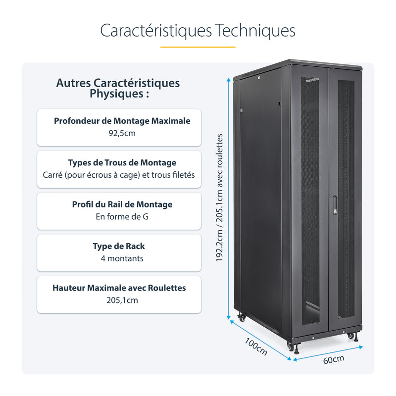 StarTech.com Rack Serveur 42U à 4 Montants, Rack de Données 19" pour Ordinateur / AV / Équipement IT, Rack Serveur avec Roulettes, Armoire Réseau Industrielle Pleine Taille