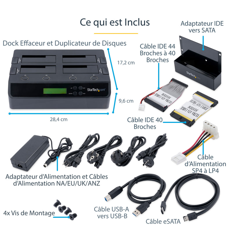 StarTech.com Duplicateur et Effaceur de Disques Durs à 4 baies, Cloneur/Copieur Autonome de HDD/SSD 1:3 SATA, Station d'Accueil USB 3.0 - eSATA vers SATA, Duplicateur de Disques Durs, Conception Sans Outillage