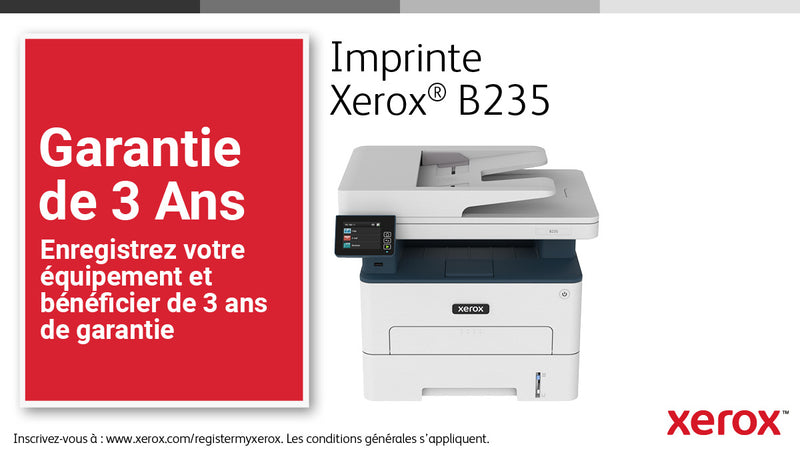Xerox B235 copie/impression/numérisation/télécopie recto verso sans fil A4, 34 ppm, PS3 PCL5e/6, chargeur automatique de documents, 2 magasins, total 251 feuilles