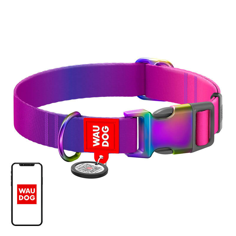 Waudog nylon hondenhalsband met QR-code, paars, maat XL