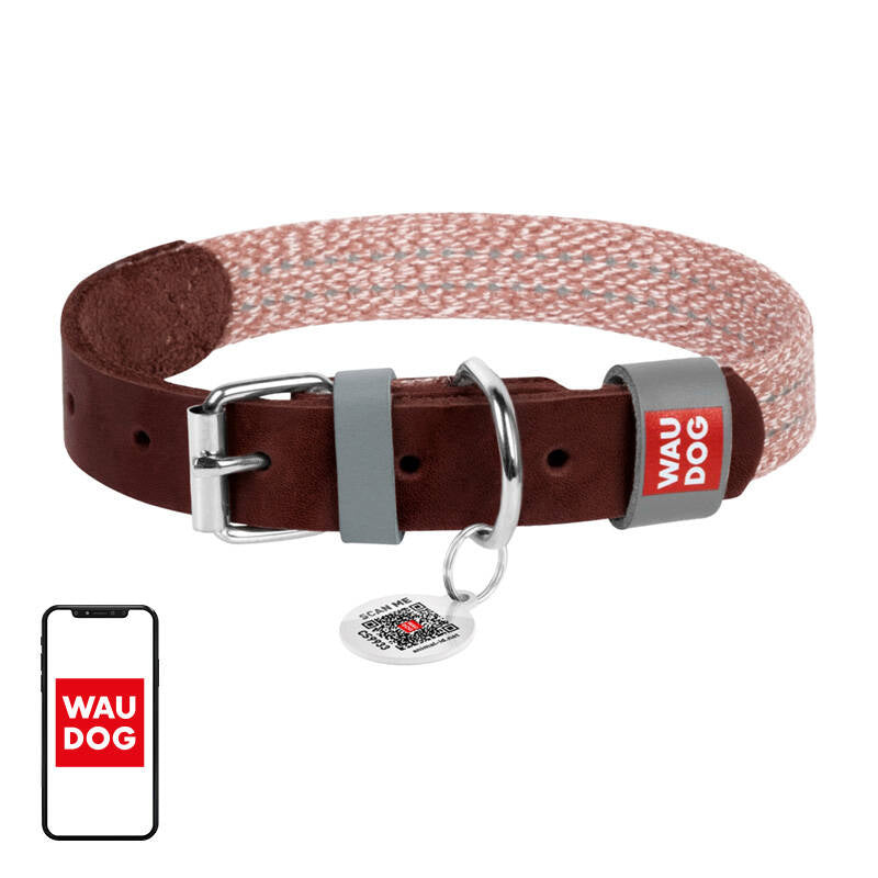 Hondenhalsband van natuurlijk leer en gerecycled materiaal met QR-code Waudog maat S, breedte 15 mm, bruin