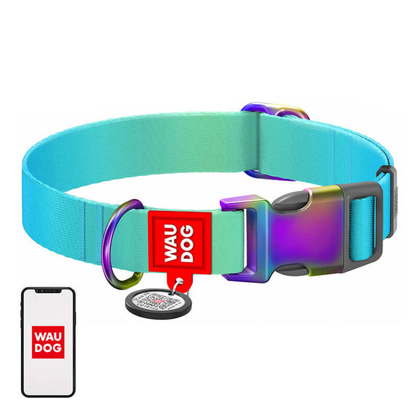 Nylon hondenhalsband met QR-code WAUDOG 15 mm breed, 25-35 cm lang blauw