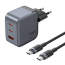 GaN Vention USB-C+C+A 70W Charger + USB-CC Cable 1m (Gray)