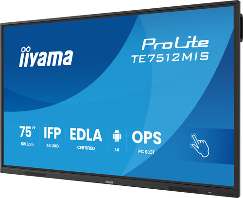 iiyama TE7512MIS-B4AG Dynamisch display Interactief flatpanel 190,5 cm (75") LCD Wifi 400 cd/m² 4K Ultra HD Zwart Touchscreen Geïntegreerde Android-processor 24/7