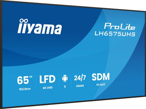 iiyama LH6575UHS-B2AG Écran d'affichage dynamique Écran plat de signalisation numérique 163,8 cm (64.5") LCD Wifi 500 cd/m² 4K Ultra HD Noir Intégré dans le processeur Android 11 24/7