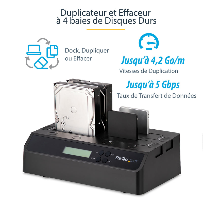 StarTech.com Duplicateur et Effaceur de Disques Durs à 4 baies, Cloneur/Copieur Autonome de HDD/SSD 1:3 SATA, Station d'Accueil USB 3.0 - eSATA vers SATA, Duplicateur de Disques Durs, Conception Sans Outillage