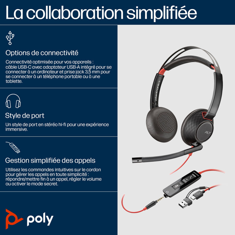Poly Micro-casque stéréo USB-C Blackwire 5220 + prise 3,5 mm + adaptateur USB-C/A (lot)