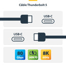 StarTech.com Câble Thunderbolt 5 de 80cm, 80Gbps/Jusqu'à 120Gbps, 240W PD, 8K 60Hz, Câble Thunderbolt Certifié, Compatible avec Thunderbolt 4/USB4/USB-C