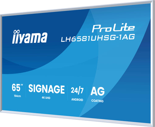 iiyama LH6581UHSG-1AG Digital Signage Display, 64,5" (163,8 cm) plat paneel, Wi-Fi, 500 cd/m², 4K Ultra HD, wit, ingebouwde Android-processor, 24/7