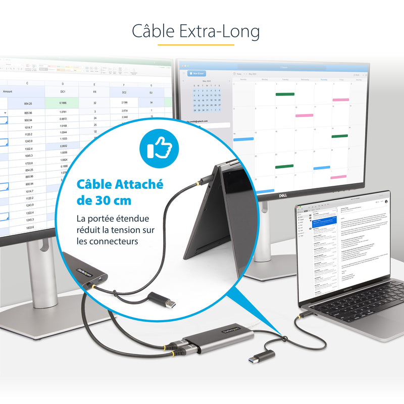 StarTech.com Adaptateur USB-C vers Double HDMI - USB-C ou A vers 2x HDMI - 4K 60Hz - 100W Power Delivery Pass-Through - Adaptateur Vidéo avec Câble Intégré de 30cm - Convertisseur USB-C vers HDMI pour PC Portable