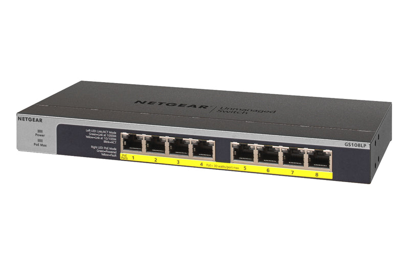 NETGEAR GS108LP Unmanaged Gigabit Ethernet (10/100/1000) Ethernet Connection, Supporting Power Over Ethernet (PoE) 1U Black, Gray