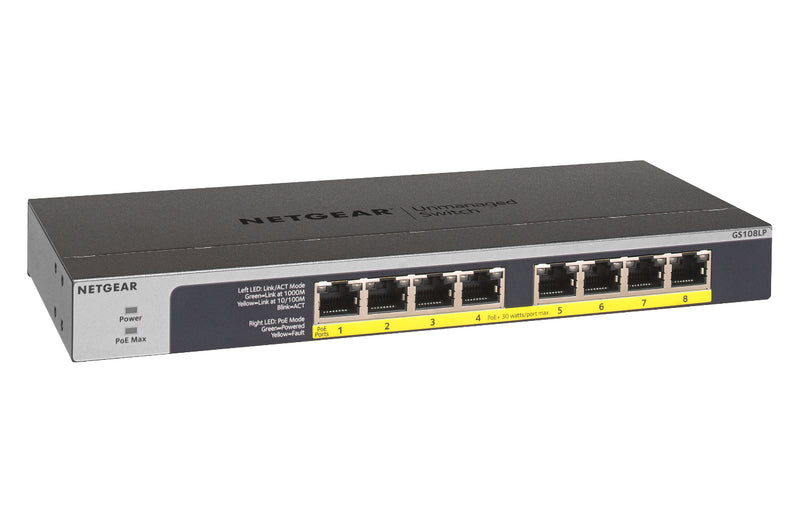 NETGEAR GS108LP Unmanaged Gigabit Ethernet (10/100/1000) Ethernet Connection, Supporting Power Over Ethernet (PoE) 1U Black, Gray