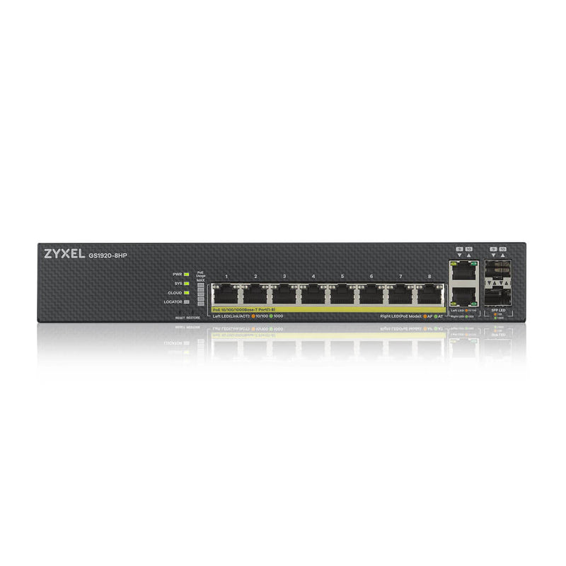 Zyxel GS1920-8HPV2 Géré Gigabit Ethernet (10/100/1000) Connexion Ethernet, supportant l'alimentation via ce port (PoE) Noir