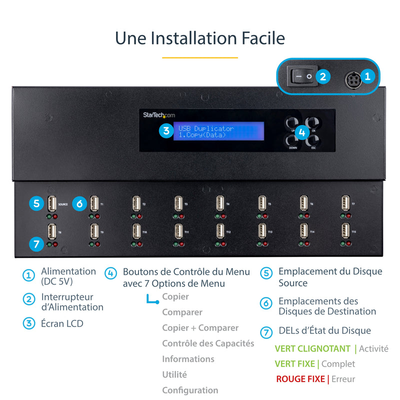 StarTech.com Standalone USB-duplicator en -wisser voor 1 tot 15 flashdrives, multi-USB-kopieerapparaat, systeem- en bestandskopie, sector-voor-sector kopiëren, 1,5 GB/min, 3-pass wissen, LCD-scherm