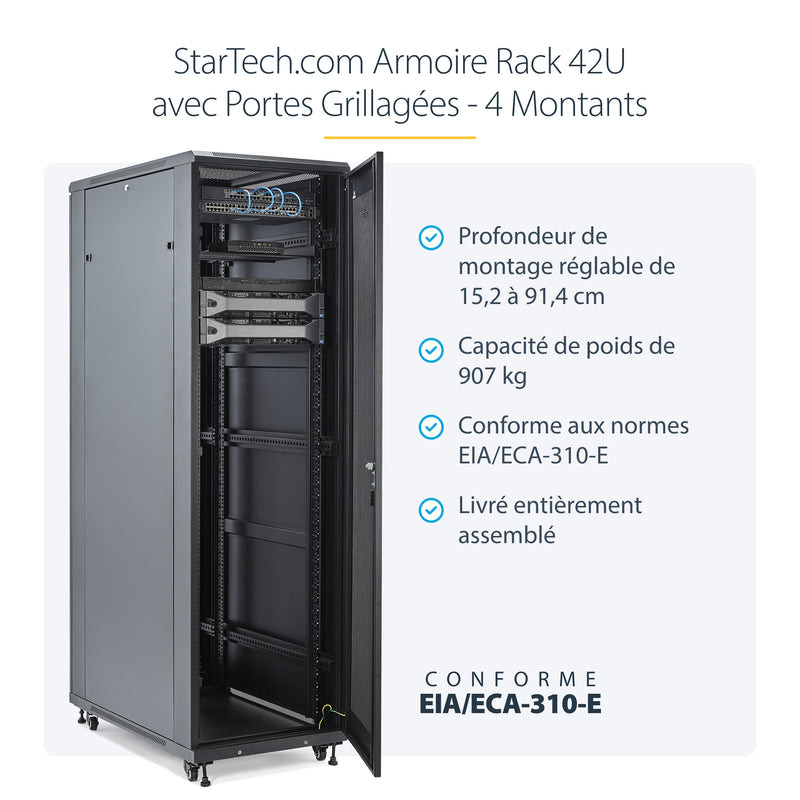 StarTech.com Rack Serveur 42U à 4 Montants, Rack de Données 19" pour Ordinateur / AV / Équipement IT, Rack Serveur avec Roulettes, Armoire Réseau Industrielle Pleine Taille