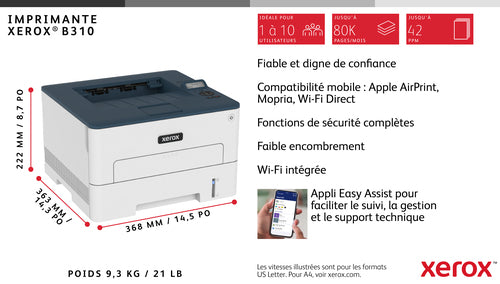 Xerox B310 Imprimante recto verso sans fil A4 40 ppm, PS3 PCL5e/6, 2 magasins Total 350 feuilles