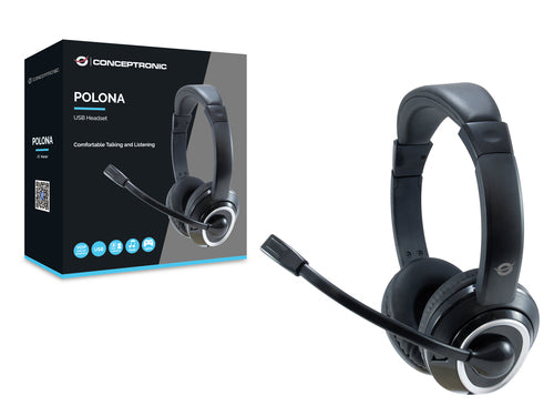 Conceptronic POLONA Wired Headphones with Headband for Calls/Music, USB Type-A, Black