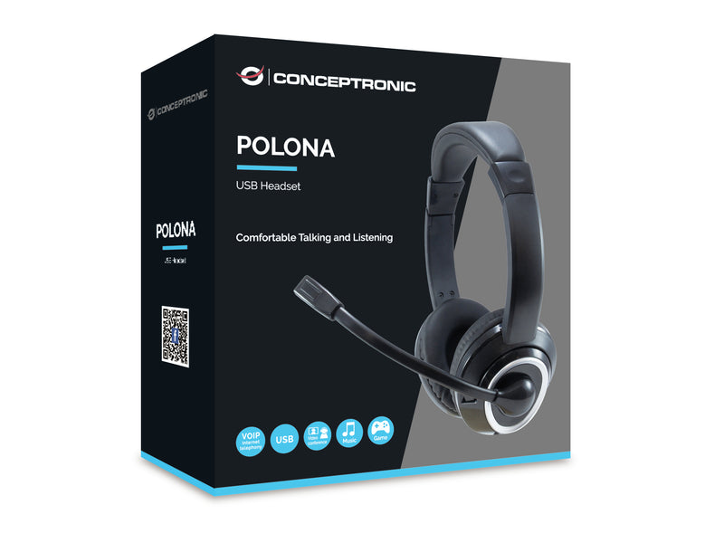 Conceptronic POLONA Wired Headphones with Headband for Calls/Music, USB Type-A, Black