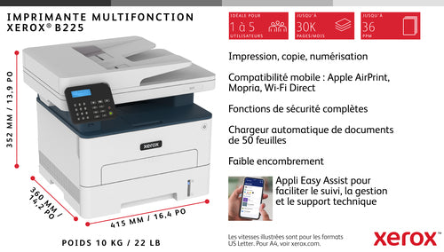 Xerox B225 A4 Wireless Duplex Copy/Print/Scan, 34 ppm, PS3 PCL5e/6, Automatic Document Feeder, 2 Trays, Total 251 Sheets