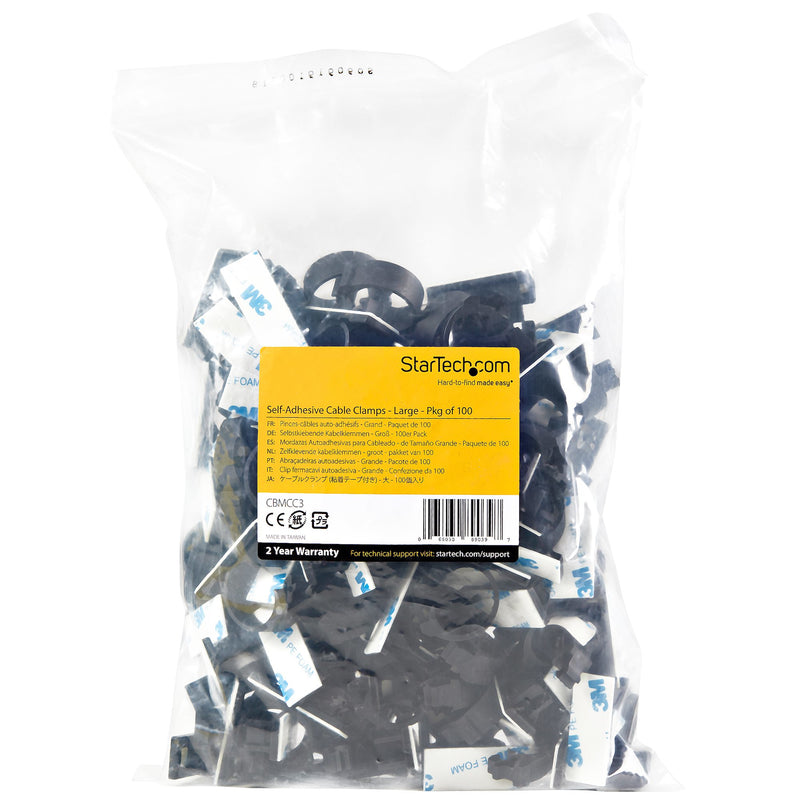 StarTech.com 100 zwarte zelfklevende kabelklemmen, netwerk-/ethernet-/bureau-/computerkabelorganizer, zelfklevende kabelorganizer voor op het bureau, UL/94V-2 brandvertragende zelfklevende nylonklemmen