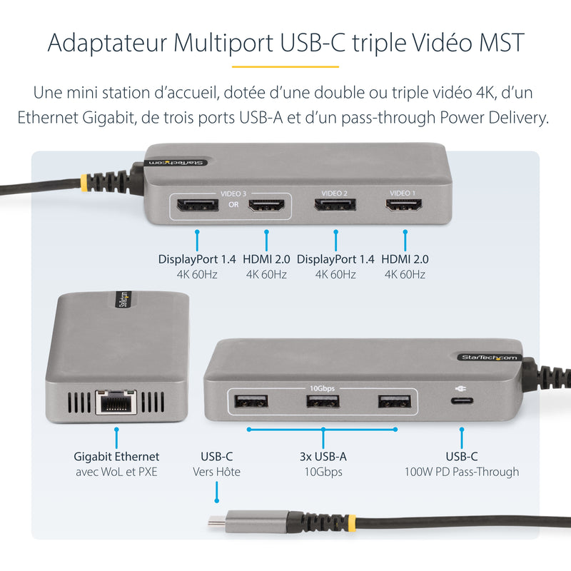 StarTech.com Adaptateur USB-C Triple Moniteur Multiport - Double HDMI 4K 60Hz + 4K 30Hz et DisplayPort, Hub USB 10Gbps 3 ports, 100W PD Pass-Trough, GbE, Station d'Acceuil de Voyage, Windows et ChromeOS