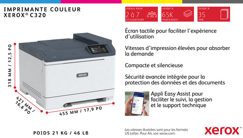 Xerox C320 Draadloze Duplex Printer A4 33 ppm, PS3 PCL5e/6, 2 laden Totaal 251 vellen