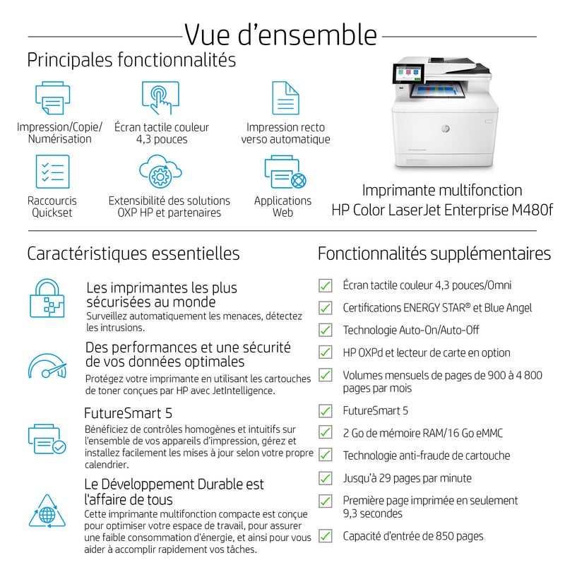 HP Color LaserJet Enterprise LaserJet Enterprise M480f Multifunction Couleur Imprimante, Ethernet uniquement; Copieur, Scanner