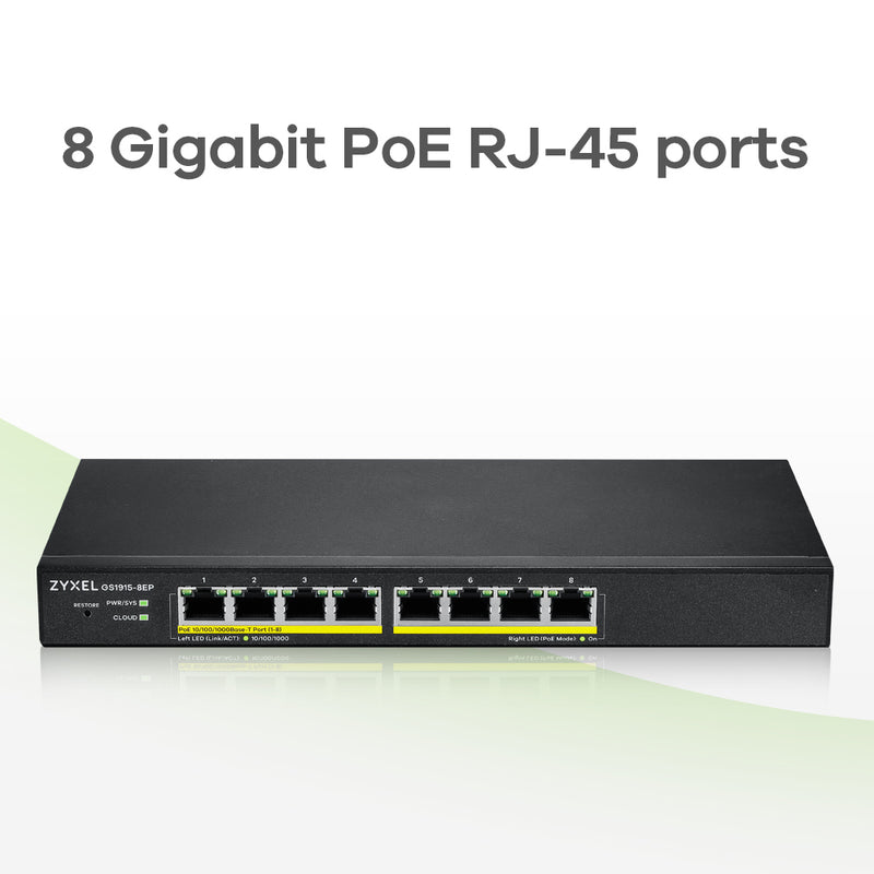 Zyxel GS1915-8EP Beheerde L2 Gigabit Ethernet (10/100/1000) Ethernet-verbinding, ondersteunt Power over Ethernet (PoE) Zwart