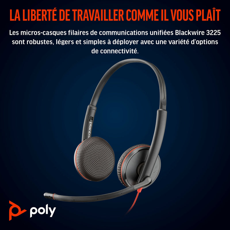 Poly Micro-casque stéréo USB-C Blackwire 3225 + prise 3,5 mm + adaptateur USB-C/A (lot)