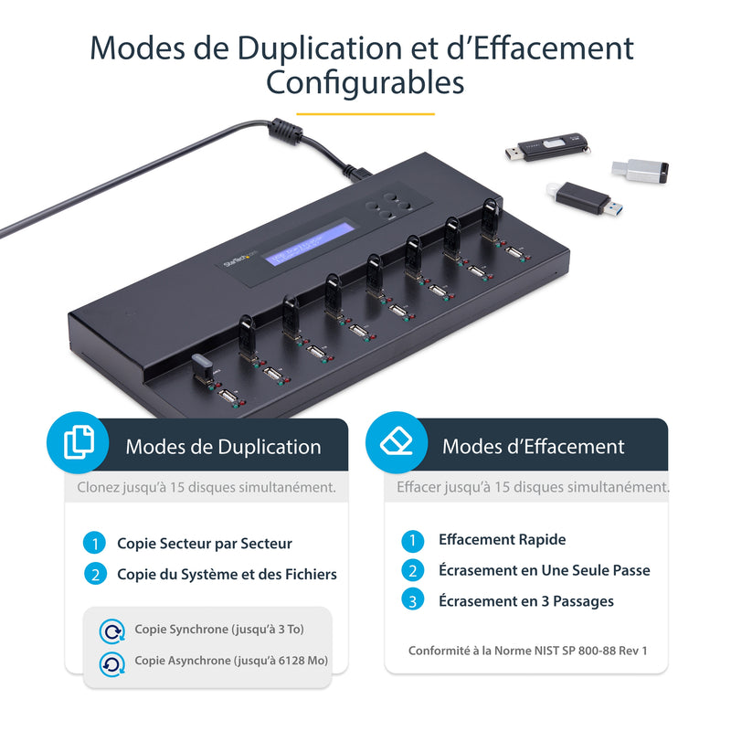 StarTech.com Standalone USB-duplicator en -wisser voor 1 tot 15 flashdrives, multi-USB-kopieerapparaat, systeem- en bestandskopie, sector-voor-sector kopiëren, 1,5 GB/min, 3-pass wissen, LCD-scherm
