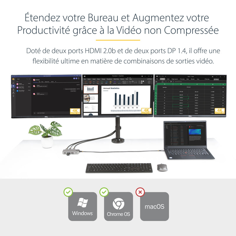 StarTech.com Adaptateur USB-C Triple Moniteur Multiport - Double HDMI 4K 60Hz + 4K 30Hz et DisplayPort, Hub USB 10Gbps 3 ports, 100W PD Pass-Trough, GbE, Station d'Acceuil de Voyage, Windows et ChromeOS