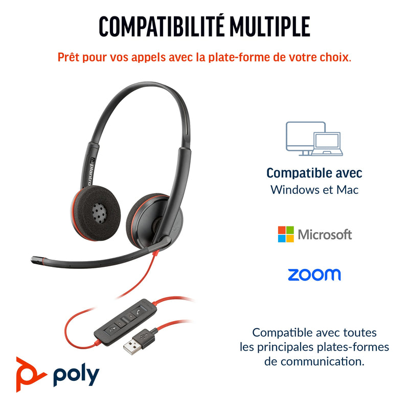 Poly Micro-casque stéréo USB-C Blackwire 3220 + adaptateur USB-C/A (lot)