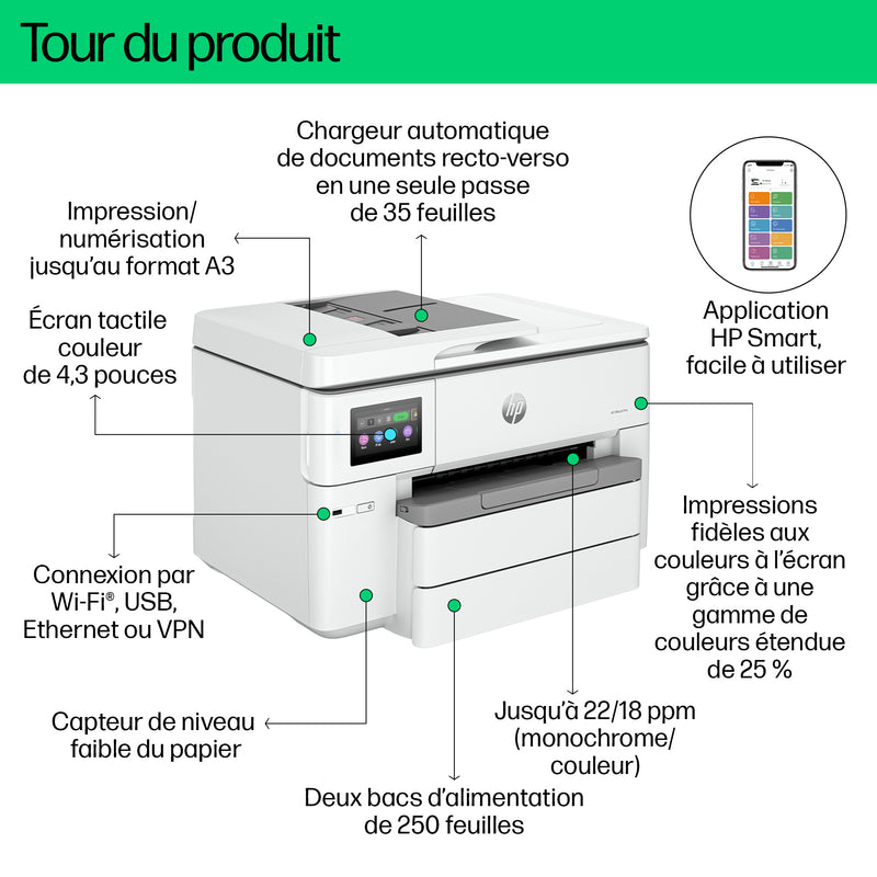 HP OfficeJet Pro 9730e Sans fil All-in-One Couleur Imprimante, Instant Ink; Impression recto-verso