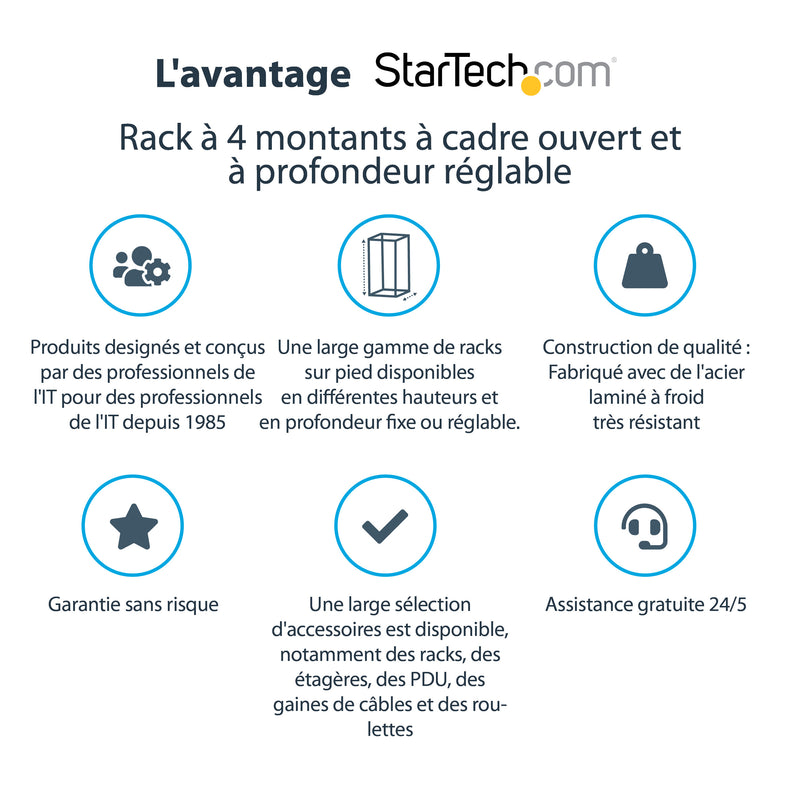 StarTech.com 25U 4-post mobiel serverrek, 19" 4-post netwerkrek met wielen, rollend rek met verstelbare diepte voor pc/AV/data/computer - wielen, stelvoeten of vloermontage