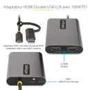 StarTech.com Adaptateur USB-C vers Double HDMI - USB-C ou A vers 2x HDMI - 4K 60Hz - 100W Power Delivery Pass-Through - Adaptateur Vidéo avec Câble Intégré de 30cm - Convertisseur USB-C vers HDMI pour PC Portable