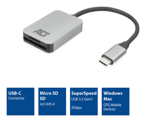 ACT USB-C kaartlezer voor SD en micro SD, SD 4.0 UHS-II