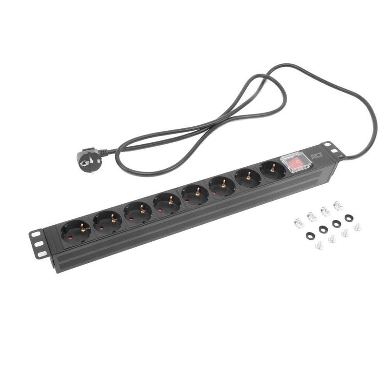 ACT Rallonge PDU 19" CEE7/7 avec 8 prises de type F et interrupteur marche/arrêt, 2.5m H05VV-F 3G1.5