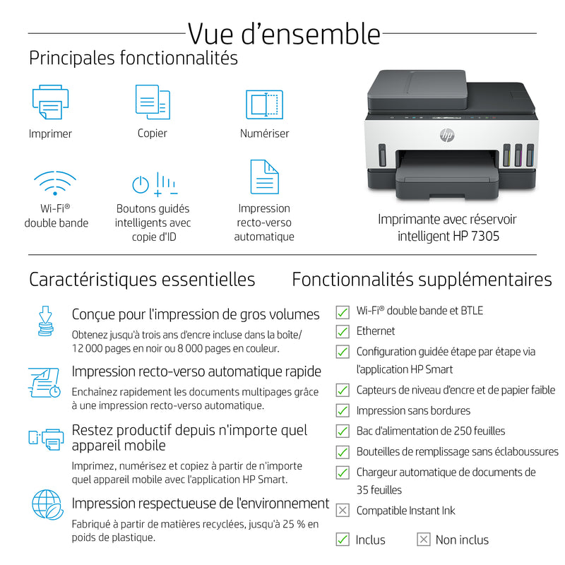 HP Smart Tank 7305 Sans fil All-in-One Couleur Imprimante, Impression recto-verso; copieur, scanner