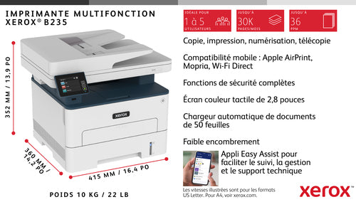 Xerox B235 A4 draadloos dubbelzijdig kopiëren/printen/scannen/faxen, 34 ppm, PS3 PCL5e/6, automatische documentinvoer, 2 laden, totaal 251 vel