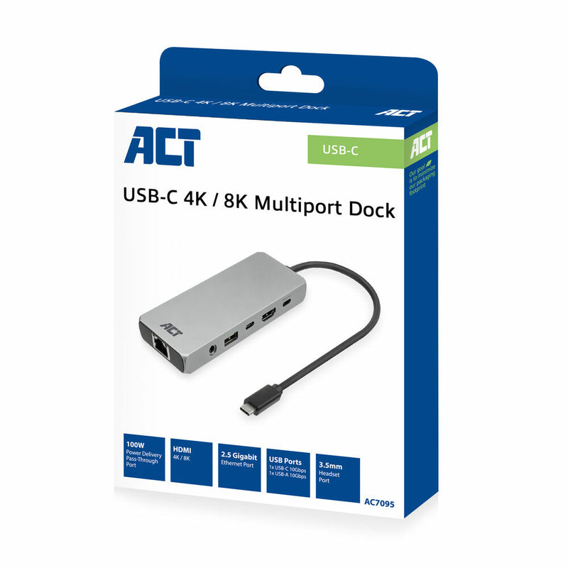 ACT Station d'accueil USB-C 4K / 8K 30Hz pour 1 moniteur HDMI, 2,5 Gigabit ethernet, USB-C 10Gbps, USB-A 10Gbps, audio 3,5mm, PD pass-through